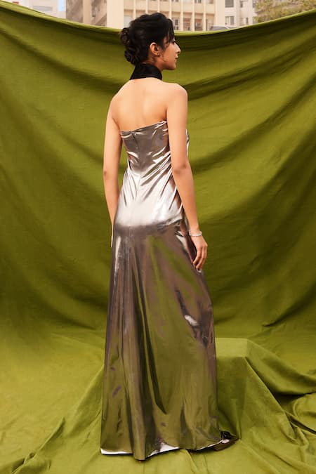 Shop Kangana Trehan Silver Faux Leather Halter Neck Oly Metallic Dress at Aza Fashions Shop_Kangana Trehan_Silver Faux Leather Halter Neck Oly Metallic Dress _at_Aza_Fashions