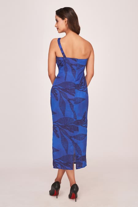 Shop House Of Varada Blue Silk One Shoulder Tranquil Leaf Print Midi Dress at Aza Fashions Shop_House Of Varada_Blue Silk One Shoulder Tranquil Leaf Print Midi Dress _at_Aza_Fashions