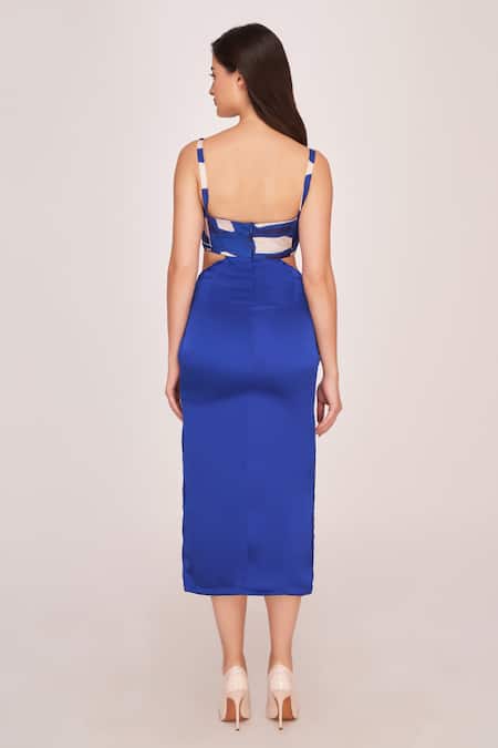 Shop House Of Varada Blue Satin Scoop Neck Abstract Pattern Midi Dress at Aza Fashions Shop_House Of Varada_Blue Satin Scoop Neck Abstract Pattern Midi Dress _at_Aza_Fashions