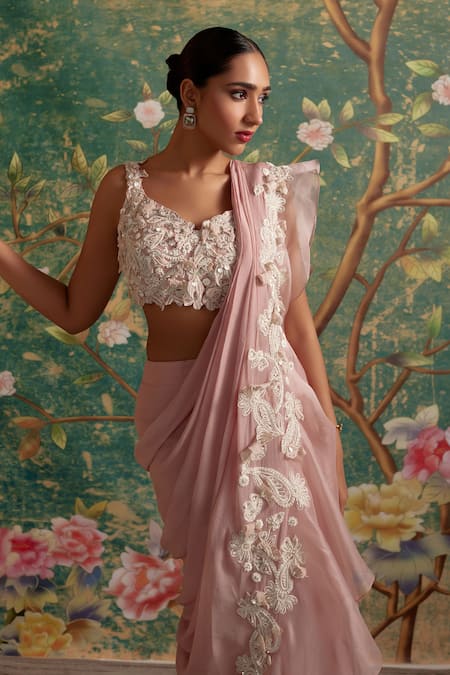 Ridhi Mehra Pink Chiffon, Organza, Net Sequins, Dainty Pre-draped Ruffle Saree With Blouse Online at Aza Fashions Ridhi Mehra_Pink Chiffon, Organza, Net Sequins, Dainty Pre-draped Ruffle Saree With Blouse _Online_at_Aza_Fashions