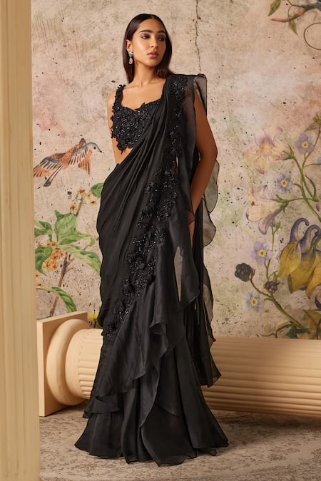 Ridhi Mehra Black Saree Chiffon And Organza Embroidered Lace Dainty Pre-draped With Blouse 