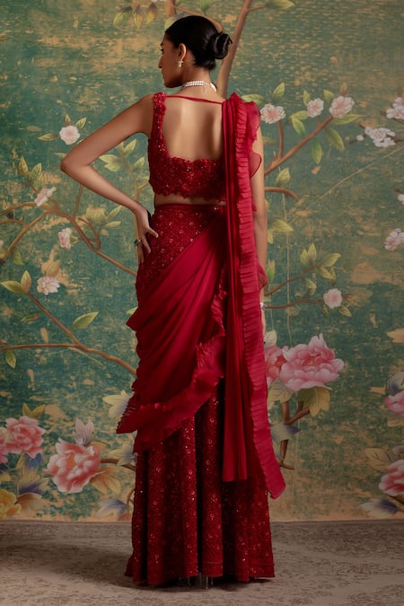 Shop_Ridhi Mehra_Red Net, Chiffon, Organza Sequins, Beads, Finesse Blouse Lehenga Set _at_Aza_Fashions