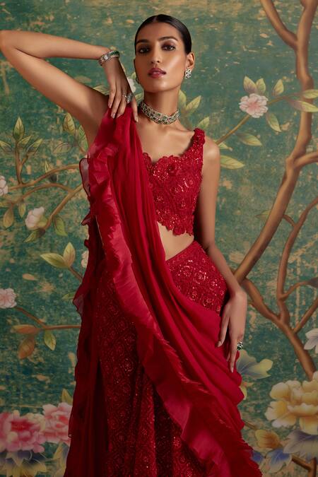 Ridhi Mehra_Red Net, Chiffon, Organza Sequins, Beads, Finesse Blouse Lehenga Set _Online_at_Aza_Fashions