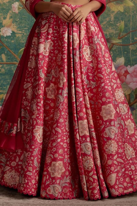 Ridhi Mehra Fuchsia Lehenga Raw Silk Printed Demi Embroidered Blouse Bridal Set Online at Aza Fashions Ridhi Mehra_Fuchsia Lehenga Raw Silk Printed Demi Embroidered Blouse Bridal Set _Online_at_Aza_Fashions