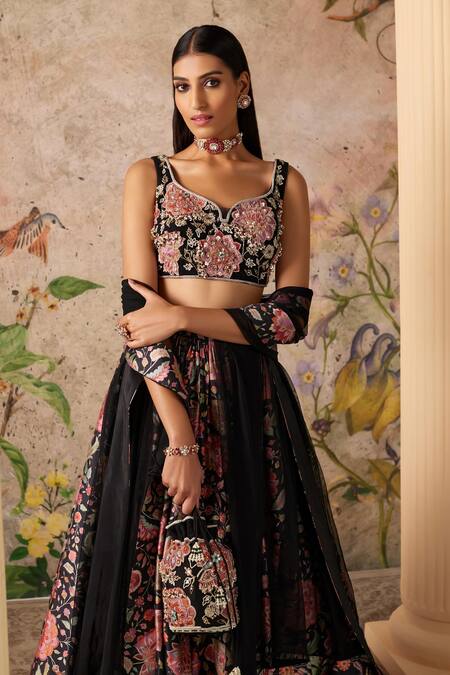 Ridhi Mehra Black Lehenga Raw Silk Printed Floral Sweetheart Demi Set Online at Aza Fashions Ridhi Mehra_Black Lehenga Raw Silk Printed Floral Sweetheart Demi Set _Online_at_Aza_Fashions
