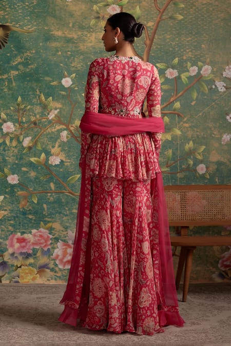 Shop_Ridhi Mehra_Fuchsia Peplum And Gharara Chiffon Printed Floral V Awespring Set  _at_Aza_Fashions