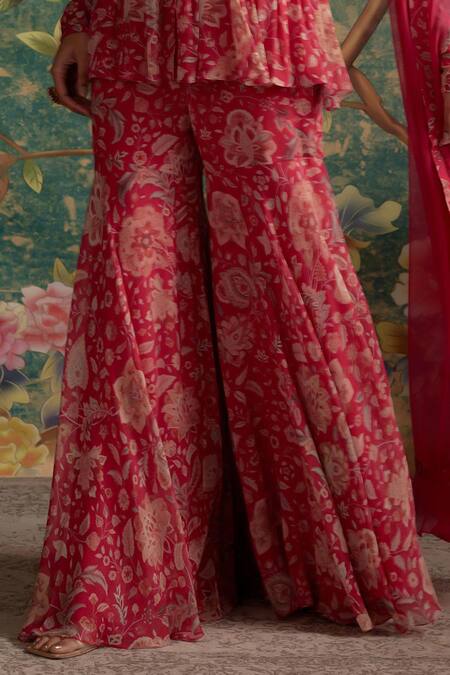 Ridhi Mehra_Fuchsia Peplum And Gharara Chiffon Printed Floral V Awespring Set  _Online_at_Aza_Fashions