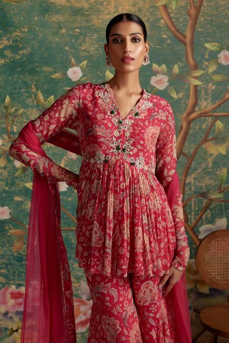 Buy_Ridhi Mehra_Fuchsia Peplum And Gharara Chiffon Printed Floral V Awespring Set  _Online_at_Aza_Fashions