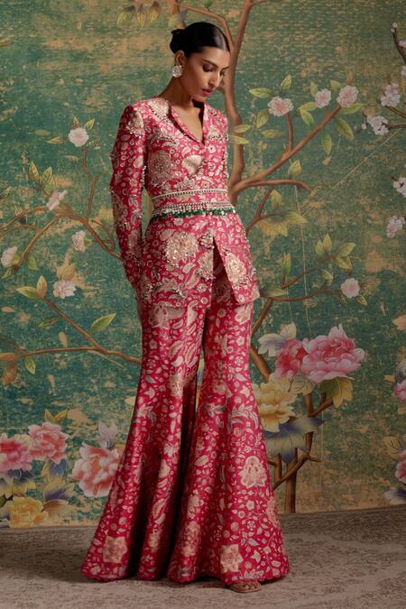 Buy_Ridhi Mehra_Fuchsia Silk Embroidery, Sequins, Pearls, Icon Floral Pattern Jacket Pant Set _Online_at_Aza_Fashions