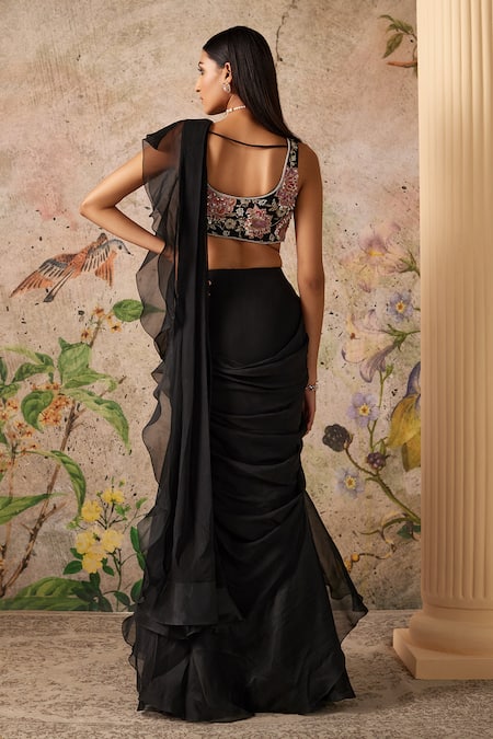 Ridhi Mehra Noir Pre-Draped Ruffle Saree With Embroidered Blouse 