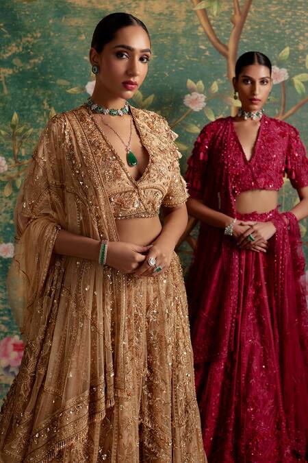 Ridhi Mehra_Gold Lehenga And Dupatta Organza Enchanted Blouse Bridal Set  _Online_at_Aza_Fashions