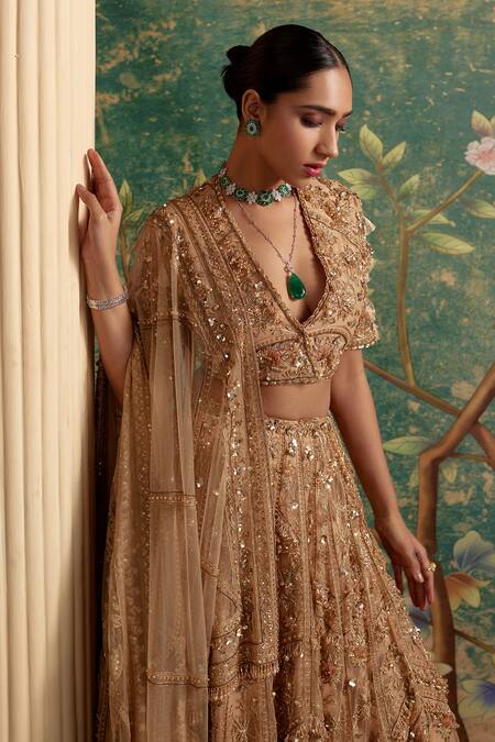 Shop_Ridhi Mehra_Gold Lehenga And Dupatta Organza Enchanted Blouse Bridal Set  _Online_at_Aza_Fashions