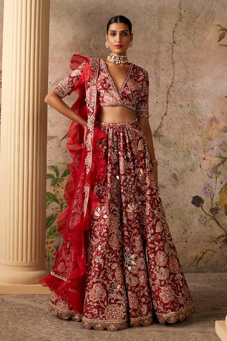 Ridhi Mehra_Red Silk, Net Mirrors, Beads Ace Floral Print Embroidered Bridal Lehenga Set _Online_at_Aza_Fashions