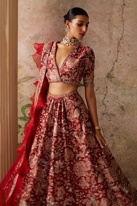 Buy_Ridhi Mehra_Red Silk, Net Mirrors, Beads Ace Floral Print Embroidered Bridal Lehenga Set _Online_at_Aza_Fashions