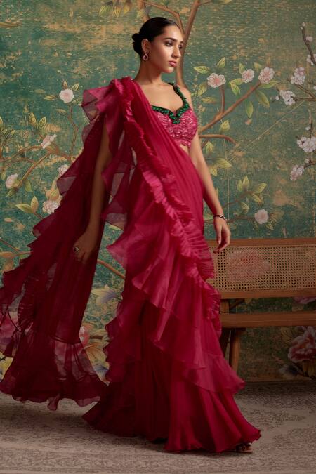 Ridhi Mehra_Fuchsia Saree Chiffon And Organza Allure Pre-draped Ruffle With Blouse _Online_at_Aza_Fashions