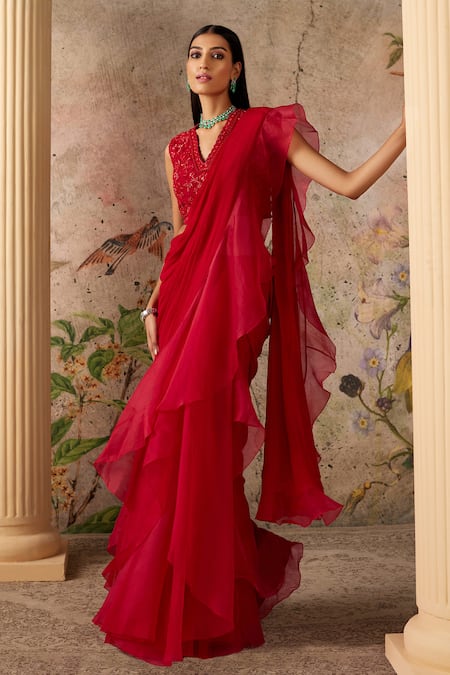 Red Chiffon Saree With Floral Designs - ROOPKATHA - 2966455