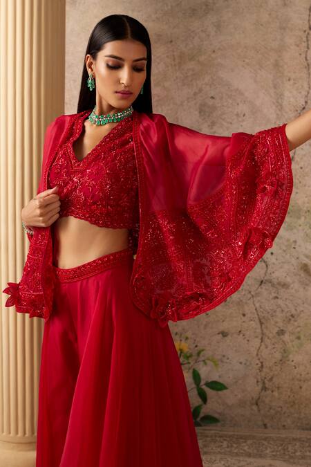 Ridhi Mehra_Red Cape And Sharara Organza Embroidered Sashay & Sequin Set  _Online_at_Aza_Fashions