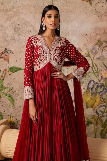 Red Georgette Pant Style Suit With Dupatta