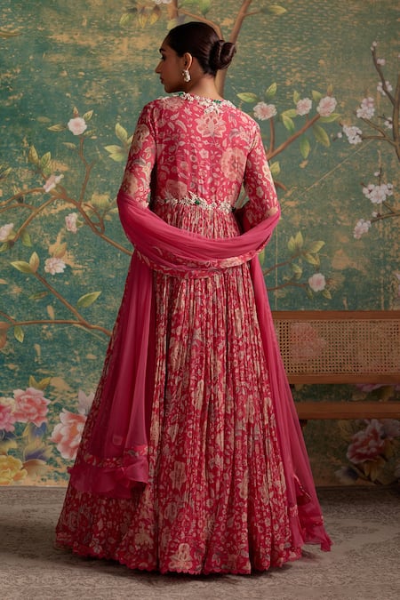 Shop Ridhi Mehra Fuchsia Anarkali Silk Embroidered Flair Floral Print With Dupatta at Aza Fashions Shop_Ridhi Mehra_Fuchsia Anarkali Silk Embroidered Flair Floral Print With Dupatta _at_Aza_Fashions