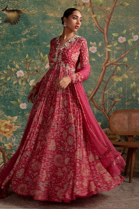 Ridhi Mehra Fuchsia Anarkali Silk Embroidered Flair Floral Print With Dupatta Online at Aza Fashions Ridhi Mehra_Fuchsia Anarkali Silk Embroidered Flair Floral Print With Dupatta _Online_at_Aza_Fashions