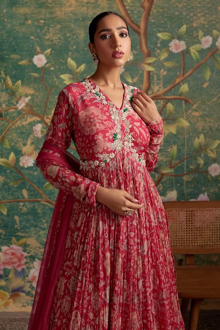 Buy Ridhi Mehra Fuchsia Anarkali Silk Embroidered Flair Floral Print With Dupatta Online at Aza Fashions Buy_Ridhi Mehra_Fuchsia Anarkali Silk Embroidered Flair Floral Print With Dupatta _Online_at_Aza_Fashions