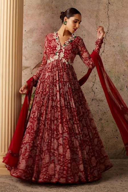 Red Net Anarkali Suit With Embroidery Work For women | zeelpin.com