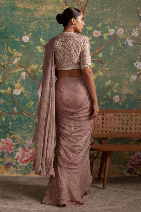 Ridhi Mehra Flamboyance Chiffon Floral Print Pre-Draped Saree With Blouse 