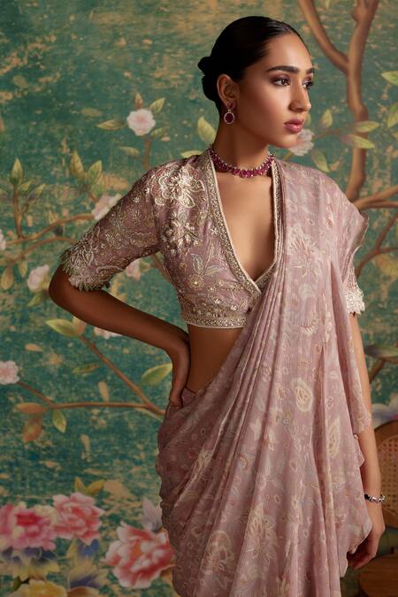 Ridhi Mehra_Pink Saree Chiffon And Organza Flamboyance Floral Print Pre-draped With Blouse _Online_at_Aza_Fashions