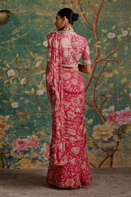 Ridhi Mehra Flamboyance Floral Print Ruffled Pre-Draped Saree With Blouse 