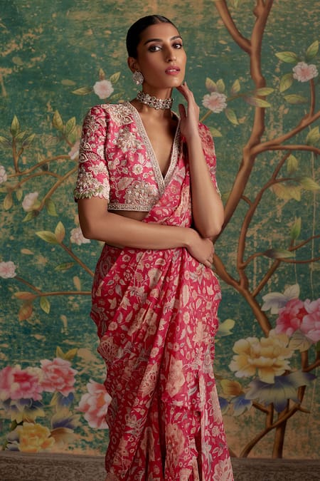 Buy_Ridhi Mehra_Fuchsia Saree Chiffon Flamboyance Floral Print Ruffled Pre-draped With Blouse _Online_at_Aza_Fashions