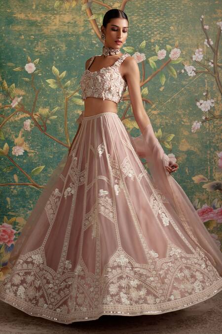 Ridhi Mehra Pink Lehenga And Dupatta Organza Embroidered Grace Placement Set Online at Aza Fashions Ridhi Mehra_Pink Lehenga And Dupatta Organza Embroidered Grace Placement Set _Online_at_Aza_Fashions