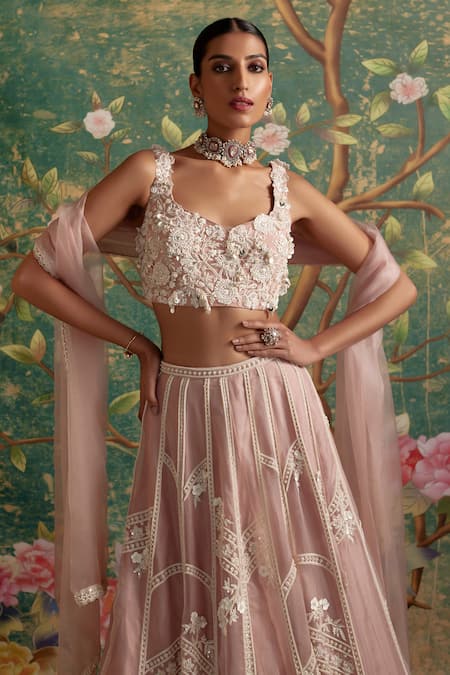 Shop Ridhi Mehra Pink Lehenga And Dupatta Organza Embroidered Grace Placement Set Online at Aza Fashions Shop_Ridhi Mehra_Pink Lehenga And Dupatta Organza Embroidered Grace Placement Set _Online_at_Aza_Fashions