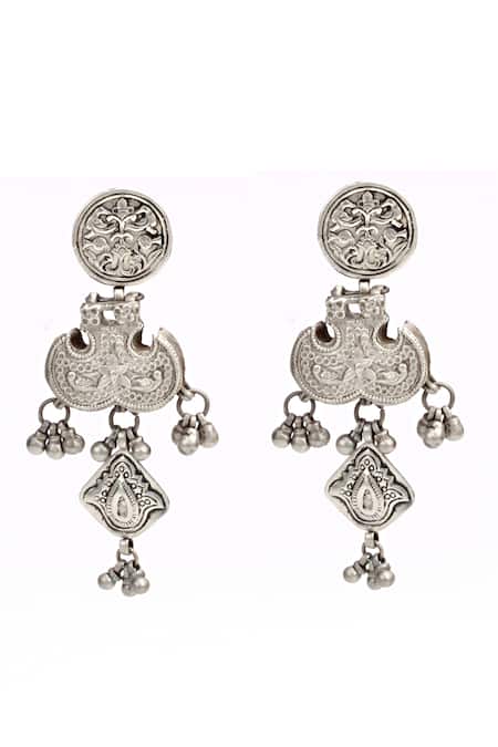 Shop Sangeeta Boochra Silver Plated Crystals Afghan Fleur Carved Oxidised Earrings at Aza Fashions Shop_Sangeeta Boochra_Silver Plated Crystals Afghan Fleur Carved Oxidised Earrings _at_Aza_Fashions