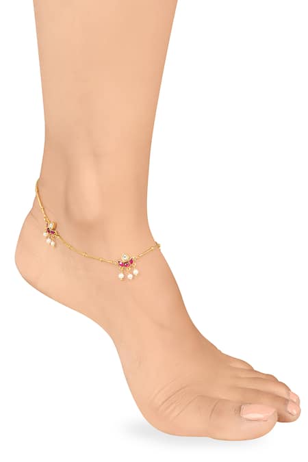 Tribe Amrapali Multi Color Glass Embellished Lotus Charm Anklets - Set Of 2 