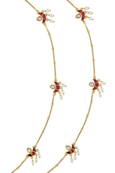 Tribe Amrapali_Multi Color Pearls Embellished Lotus Charm Anklets - Set Of 2_Online_at_Aza_Fashions