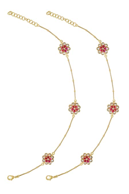 Shop Tribe Amrapali Multi Color Pearls, Glitter Dhitya Embellished Floral Charm Anklets - Set Of 2 at Aza Fashions Shop_Tribe Amrapali_Multi Color Pearls, Glitter Dhitya Embellished Floral Charm Anklets - Set Of 2 _at_Aza_Fashions