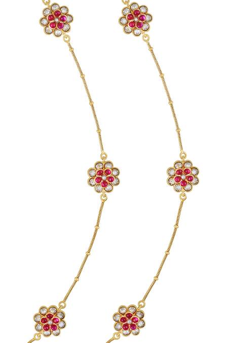 Tribe Amrapali Multi Color Pearls, Glitter Dhitya Embellished Floral Charm Anklets - Set Of 2 Online at Aza Fashions Tribe Amrapali_Multi Color Pearls, Glitter Dhitya Embellished Floral Charm Anklets - Set Of 2 _Online_at_Aza_Fashions