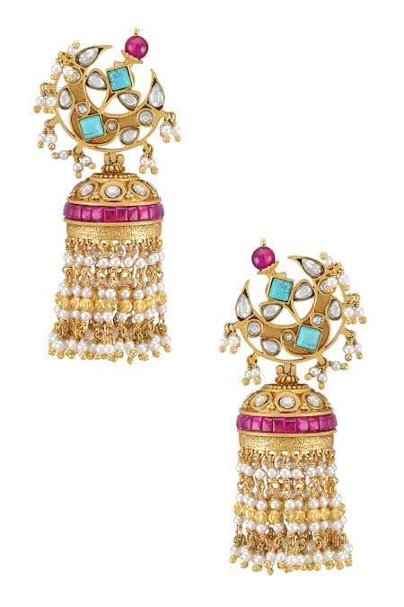 Shop Tribe Amrapali Multi Color Riana Embellished Moon Jhumka Earrings at Aza Fashions Shop_Tribe Amrapali_Multi Color Riana Embellished Moon Jhumka Earrings _at_Aza_Fashions