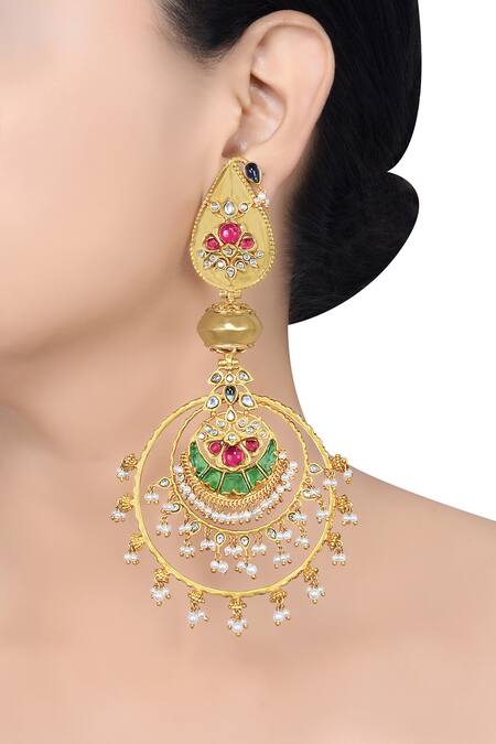 Tribe Amrapali_Multi Color Pearls, Glitter Jinisha Embellished Paisley Chandbali Earrings _Online_at_Aza_Fashions