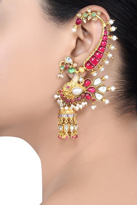 Tribe Amrapali Multi Color Glass Chandrakin Embellished Floral Jhumka Ear Cuffs