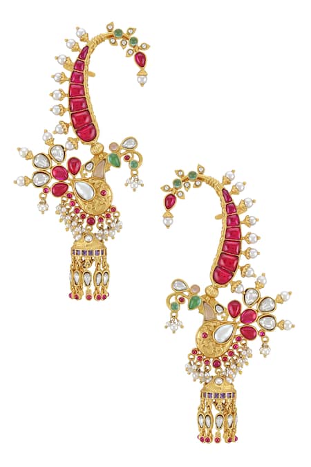 Shop Tribe Amrapali Multi Color Pearls Chandrakin Embellished Floral Jhumka Ear Cuffs at Aza Fashions Shop_Tribe Amrapali_Multi Color Pearls Chandrakin Embellished Floral Jhumka Ear Cuffs _at_Aza_Fashions