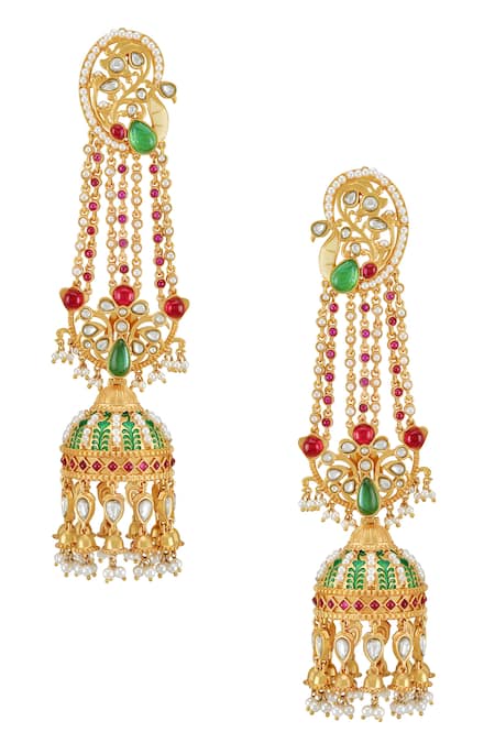 Shop_Tribe Amrapali_Multi Color Pearls, Glitter Nirvi Embellished Jhumka Ear Cuffs _at_Aza_Fashions