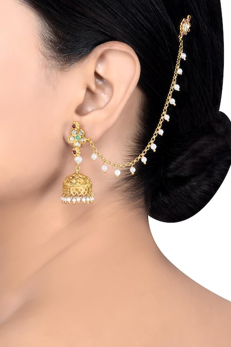 Gold plated Mirror studded Jhumkas with Hair Chains/Kaan Chain and Pearl  drops Copper