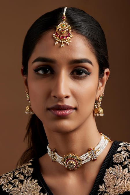 Tribe Amrapali Multi Color Pearls Parnika Embellished Floral Jhumka Earrings With Hair Chain Online at Aza Fashions Tribe Amrapali_Multi Color Pearls Parnika Embellished Floral Jhumka Earrings With Hair Chain _Online_at_Aza_Fashions