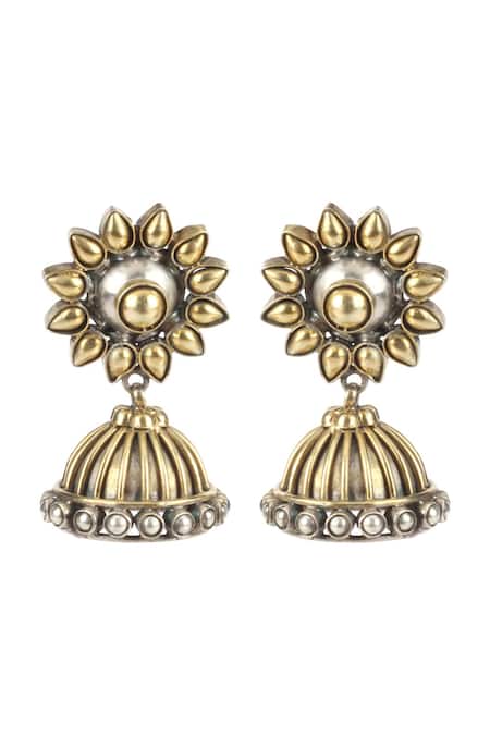Shop Sangeeta Boochra Gold Plated Dainty Petal Dome Jhumkas at Aza Fashions Shop_Sangeeta Boochra_Gold Plated Dainty Petal Dome Jhumkas _at_Aza_Fashions