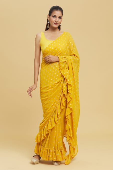 Nazaakat by Samara Singh Yellow Blouse Poly Crepe Printed Foil Round Ruffle Pre-draped Saree With