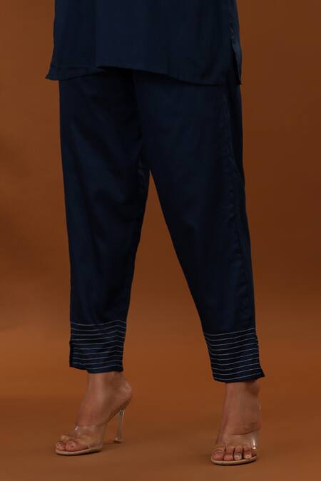 The Home Affair_Blue Jacquard, Cotton, Silk Embroidery Bandeau Thread Placement Top With Pant _Online_at_Aza_Fashions