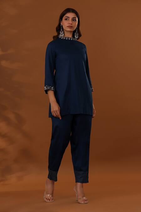 Shop_The Home Affair_Blue Jacquard, Cotton, Silk Embroidery Bandeau Thread Placement Top With Pant _Online_at_Aza_Fashions