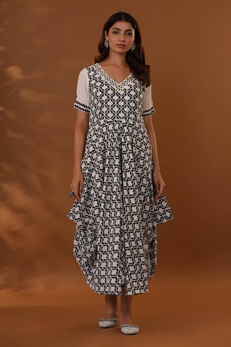 The Home Affair_Black Cotton Embroidery V-neck Handblock Print Dress _Online_at_Aza_Fashions