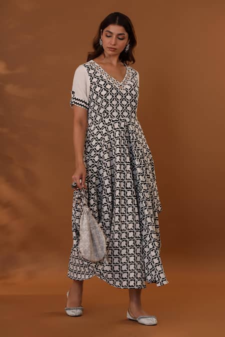 Shop_The Home Affair_Black Cotton Embroidery V-neck Handblock Print Dress _Online_at_Aza_Fashions